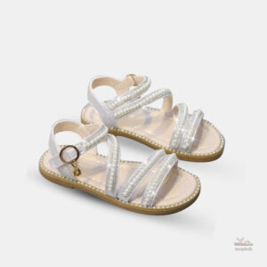 Sandale Fille Lanières Blanches et Perles Brillantes