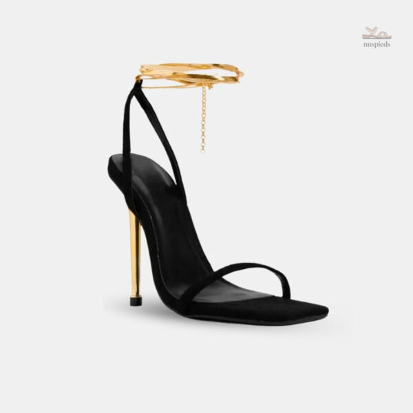 Sandale Gladiator Noire à Talon Haut Doré