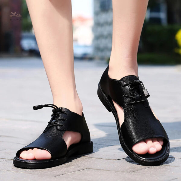 Sandales homme en cuir, modèle noir avec lacets