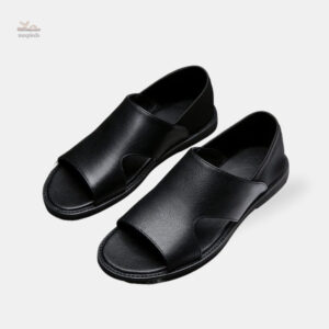 Sandale noire en cuir pour homme avec semelle épaisse