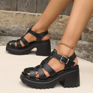 Sandale à talon épais pour femme, style spartiate noir