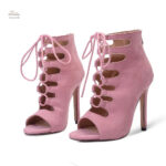 Sandales talon rose à lacets pour femme, hauteur 10-13 cm