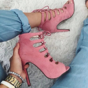 Sandales rose à talon pour femme, style lacets 10-13 cm