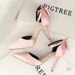 Sandale élégante femme talon haut rose, design nœud arrière