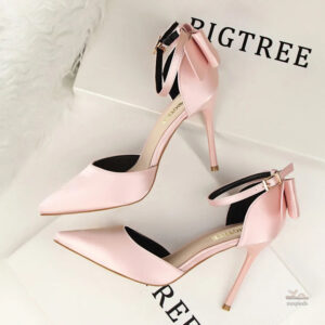 Sandale élégante femme talon haut rose, design nœud arrière