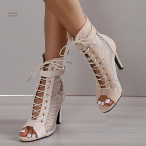 Sandale Talon Femme Beige avec lacets croisés 7 - 10 cm