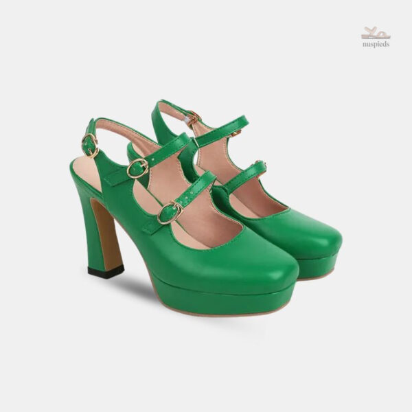 Sandale verte femme avec talon et boucles dorées